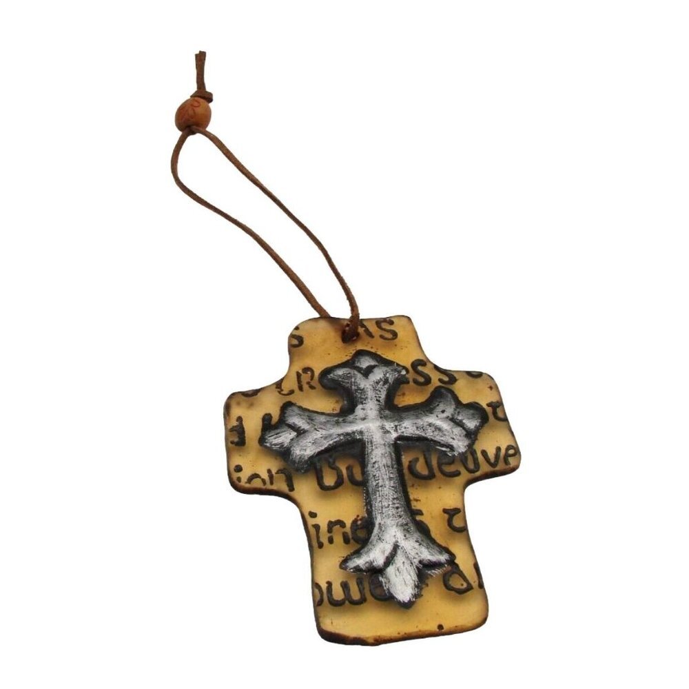 Hanging Religious Cross Christian Glass Ornament 5" Leather Hardware Collectible
